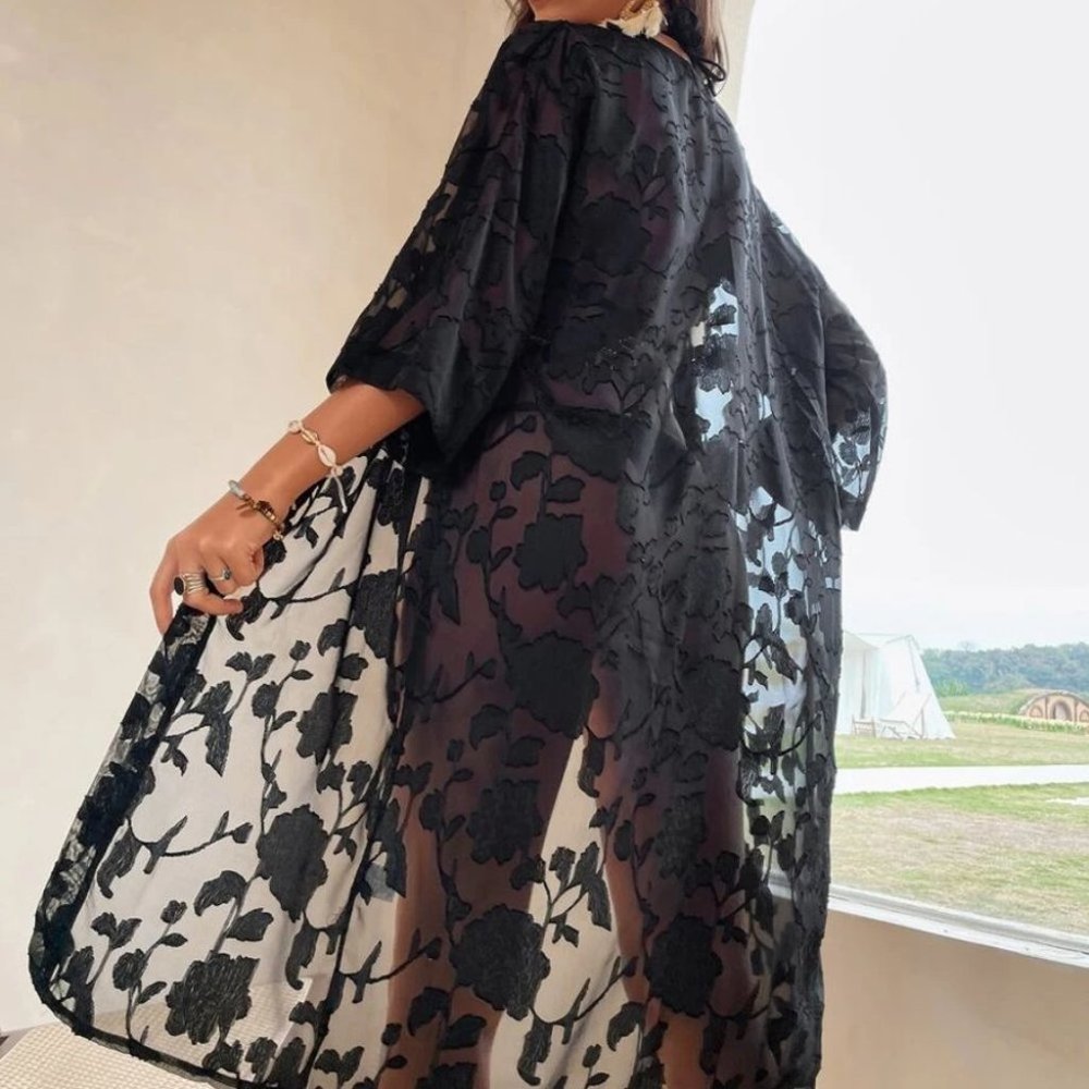 vacay style Floral Print Sheer Kimono Beach cover up Black - Picture 2 of 6